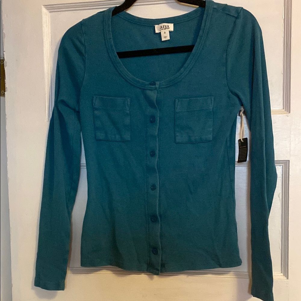 a.n.a Women's Blue Button-Down Long Sleeve Shirt